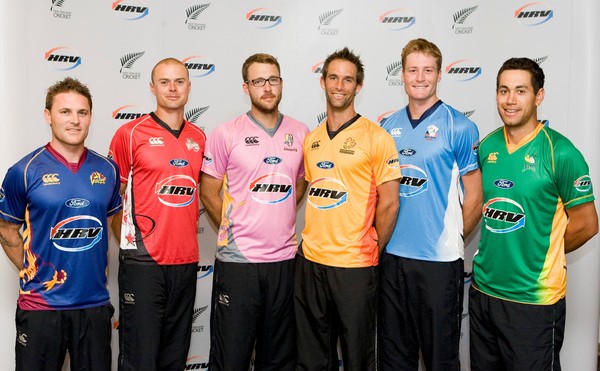 The new HRV Cup uniform is modelled by (from left to right): Brendon McCullum (Otago Volts); Chris Martin (Canterbury Wizards); Dan Vettori (Northern Knights); Grant Elliot (Wellington Firebirds); Martin Guptill (Auckland Aces) and Ross Taylor (Central St